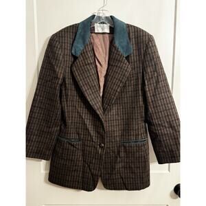 Vintage International Scene Wool Plaid Suede Collar Blazer Sz10 80s Academic
